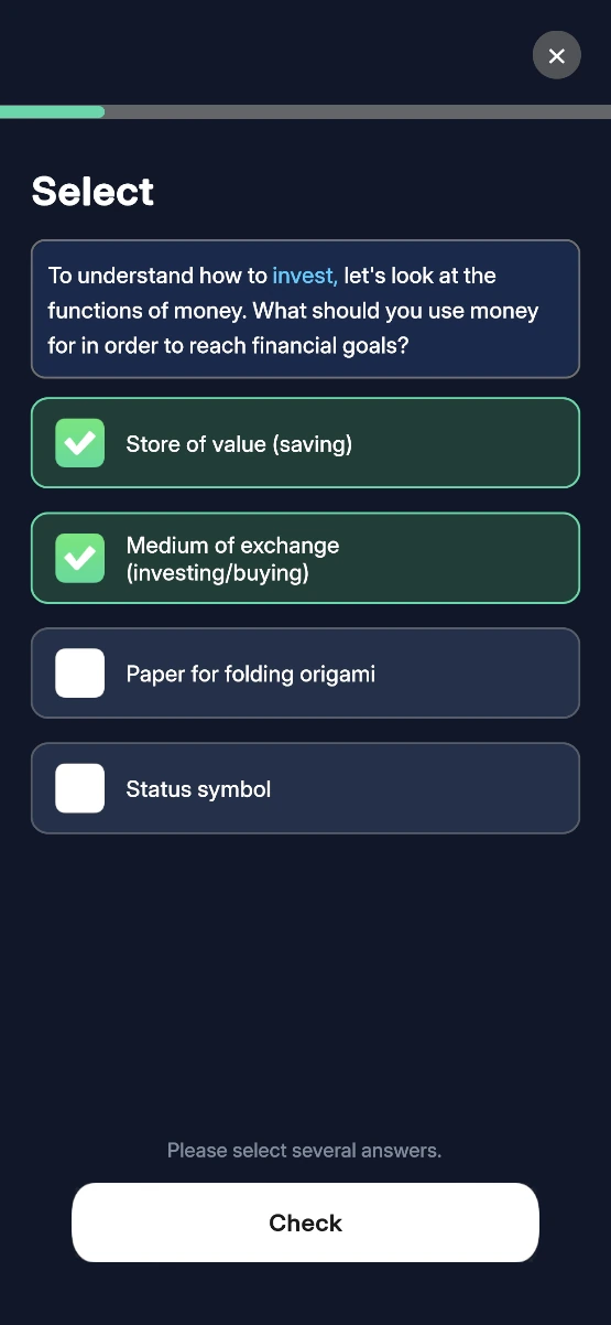 Waddlu app: a Select exercise about the functions of money
